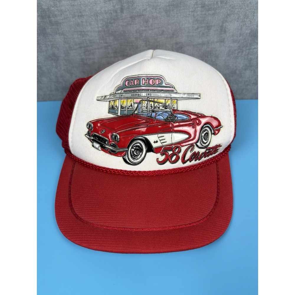 Vintage 1958 Corvette Car Hop Trucker Hat Snapback Red Mesh AutoGraphix